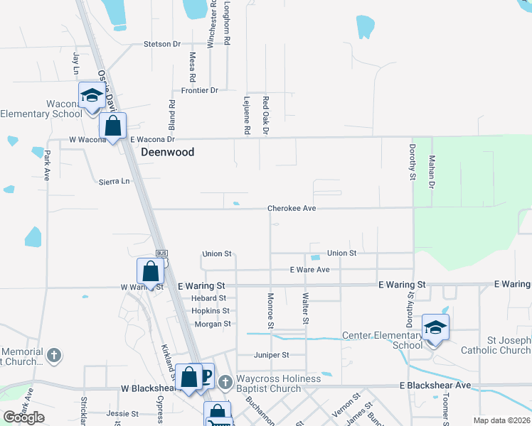 map of restaurants, bars, coffee shops, grocery stores, and more near 370 Cherokee Avenue in Waycross