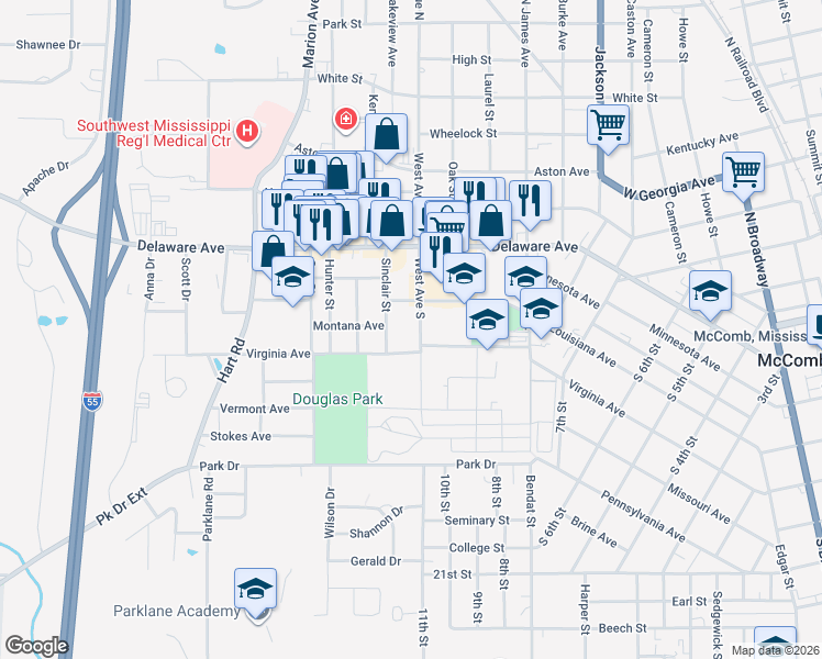 map of restaurants, bars, coffee shops, grocery stores, and more near 228 West Ave South in McComb