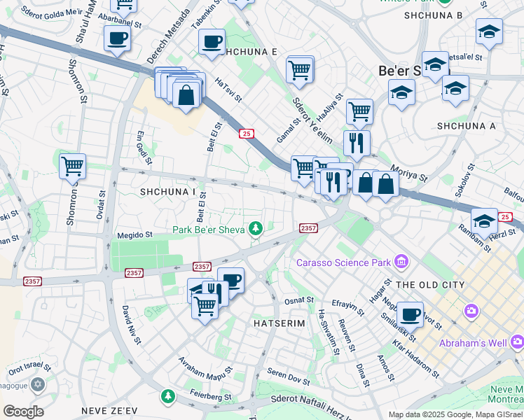 map of restaurants, bars, coffee shops, grocery stores, and more near 39 Yerikho Street in Be'er Sheva