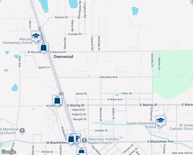map of restaurants, bars, coffee shops, grocery stores, and more near 370 Cherokee Avenue in Waycross