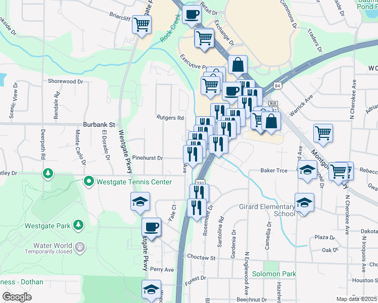 map of restaurants, bars, coffee shops, grocery stores, and more near 1104 Cornell Avenue in Dothan