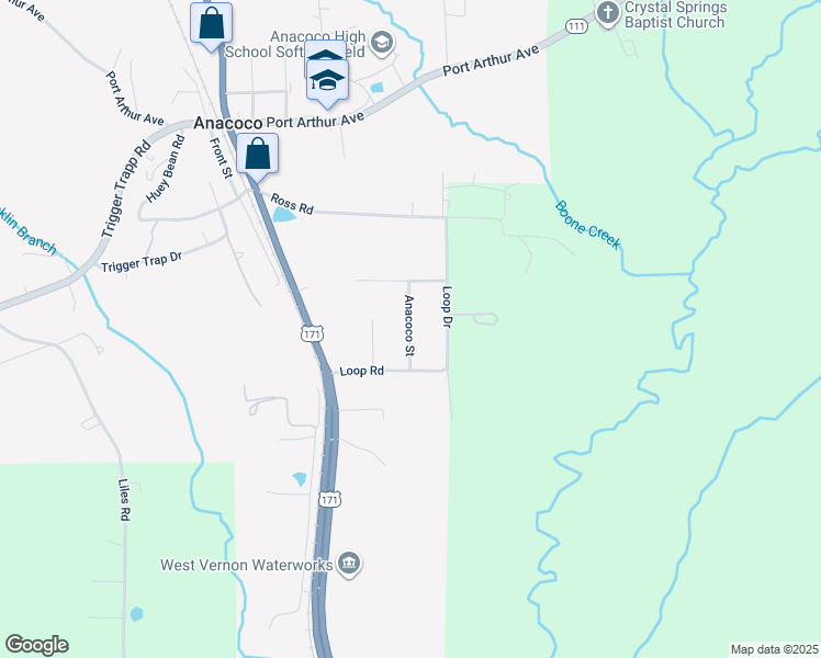 map of restaurants, bars, coffee shops, grocery stores, and more near Anacoco Street in Anacoco