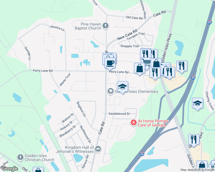 map of restaurants, bars, coffee shops, grocery stores, and more near 102 Adams Court in Brunswick