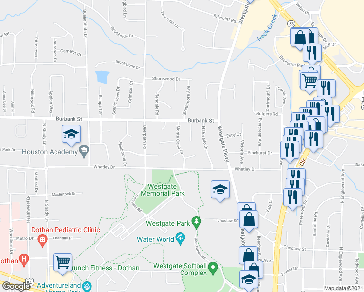 map of restaurants, bars, coffee shops, grocery stores, and more near 1100 Monte Carlo Drive in Dothan