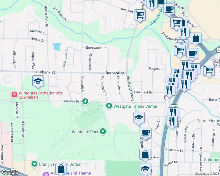 map of restaurants, bars, coffee shops, grocery stores, and more near 1100 Monte Carlo Drive in Dothan