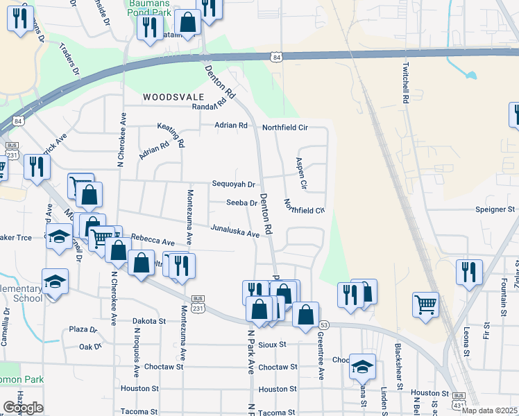 map of restaurants, bars, coffee shops, grocery stores, and more near 1587 Denton Road in Dothan