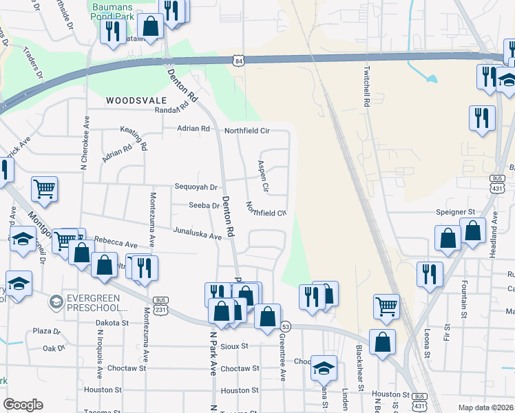 map of restaurants, bars, coffee shops, grocery stores, and more near 1018 Northfield Circle in Dothan
