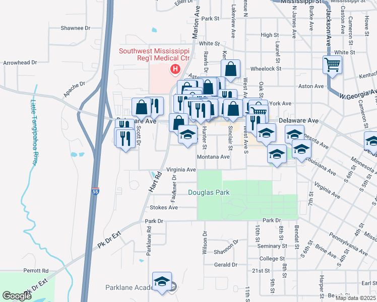 map of restaurants, bars, coffee shops, grocery stores, and more near 401 Montana Avenue in McComb