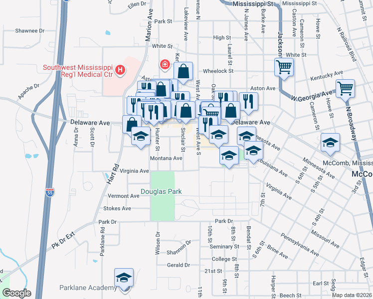 map of restaurants, bars, coffee shops, grocery stores, and more near 228 West Ave S in McComb