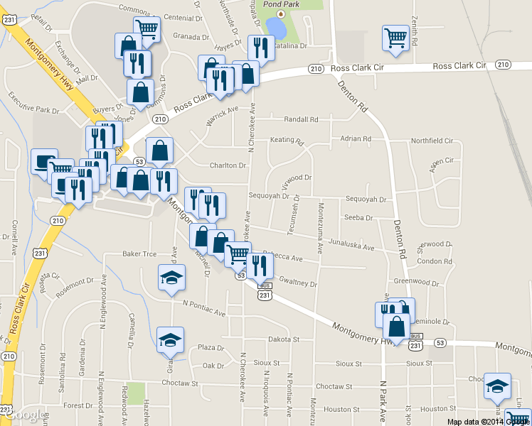 map of restaurants, bars, coffee shops, grocery stores, and more near 1405 Hiawatha Dr in Dothan