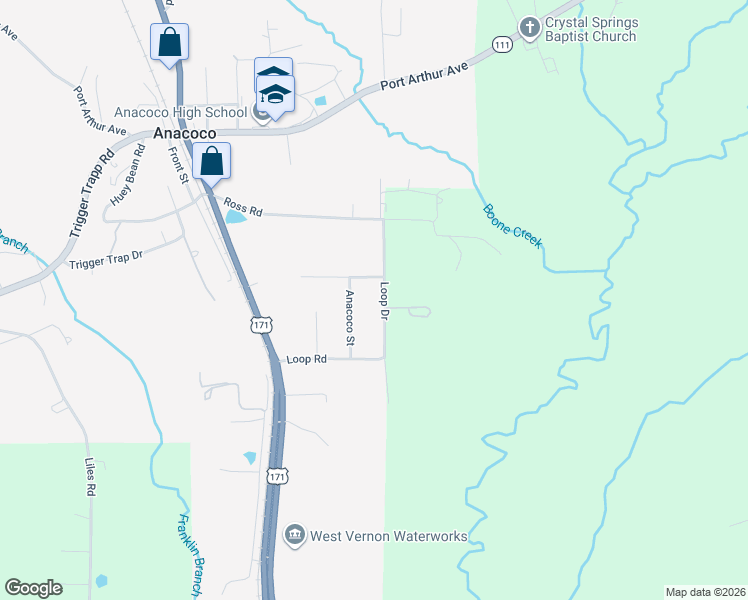map of restaurants, bars, coffee shops, grocery stores, and more near 243-291 Loop Drive in Anacoco