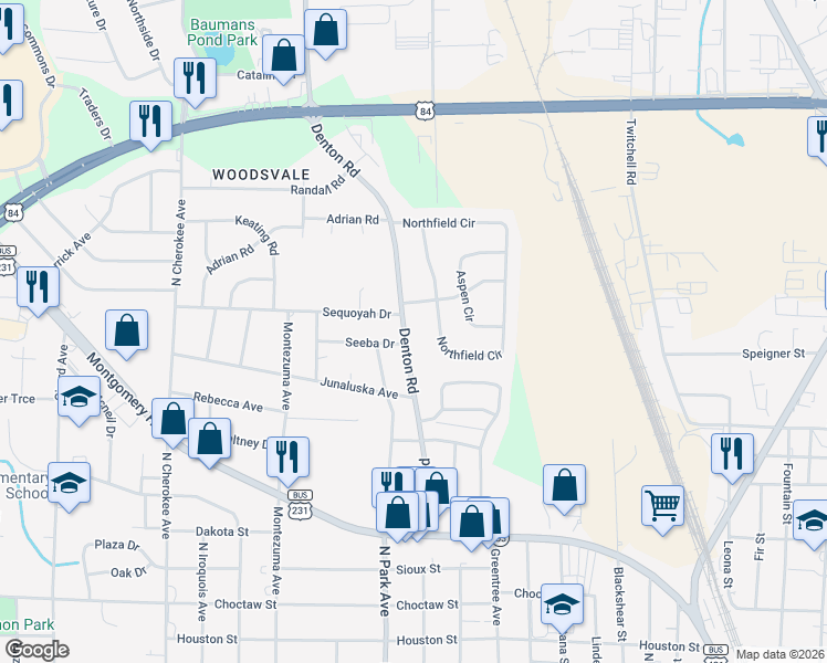 map of restaurants, bars, coffee shops, grocery stores, and more near 1711 Denton Road in Dothan