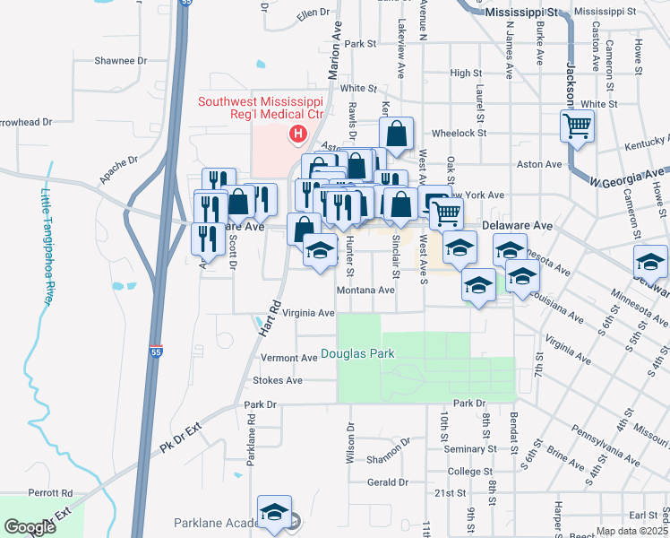 map of restaurants, bars, coffee shops, grocery stores, and more near 401 Montana Avenue in McComb