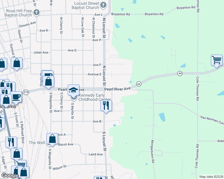 map of restaurants, bars, coffee shops, grocery stores, and more near 1098 Warren Krout Road in McComb