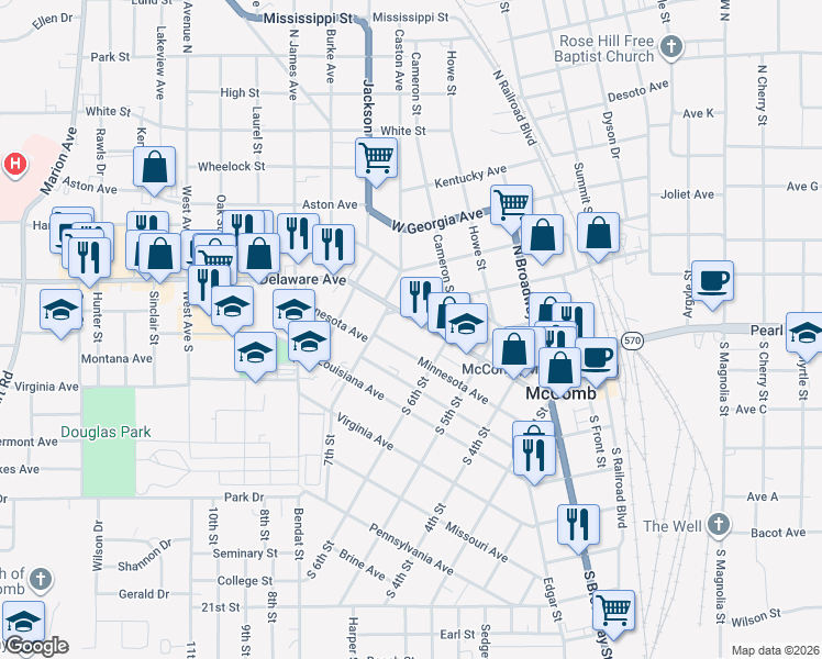map of restaurants, bars, coffee shops, grocery stores, and more near 638 Delaware Avenue in McComb