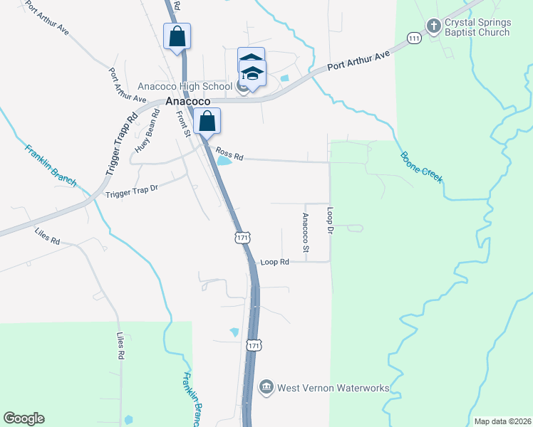 map of restaurants, bars, coffee shops, grocery stores, and more near 213 Lula Street in Anacoco