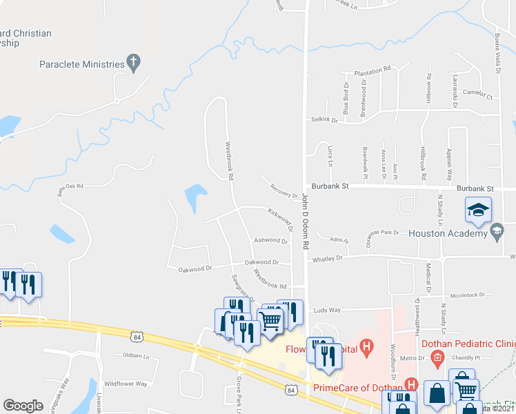 map of restaurants, bars, coffee shops, grocery stores, and more near 311 Kirkwood Drive in Dothan