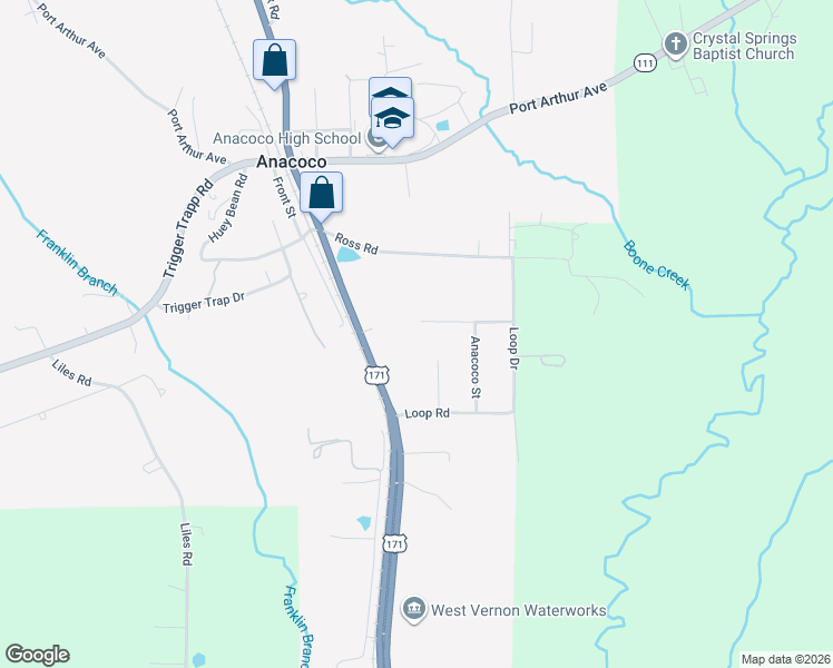 map of restaurants, bars, coffee shops, grocery stores, and more near 213 Lula Street in Anacoco