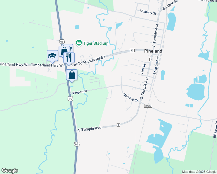 map of restaurants, bars, coffee shops, grocery stores, and more near 220 Yaupon Street in Pineland
