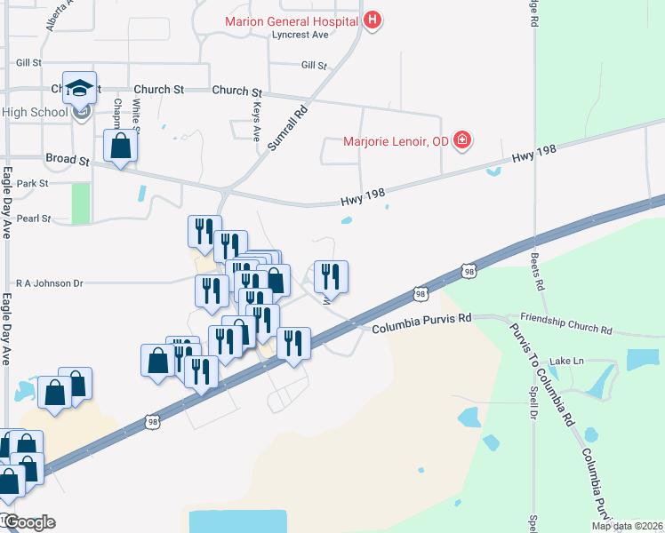 map of restaurants, bars, coffee shops, grocery stores, and more near 39 Wilks Road in Columbia
