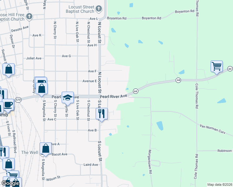 map of restaurants, bars, coffee shops, grocery stores, and more near 1217 Pearl River Avenue in McComb