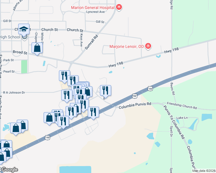 map of restaurants, bars, coffee shops, grocery stores, and more near 39-99 Wilks Road in Columbia
