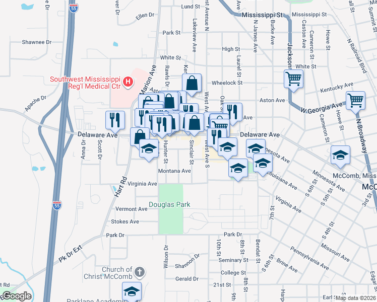 map of restaurants, bars, coffee shops, grocery stores, and more near 100202 Sinclair Street in McComb