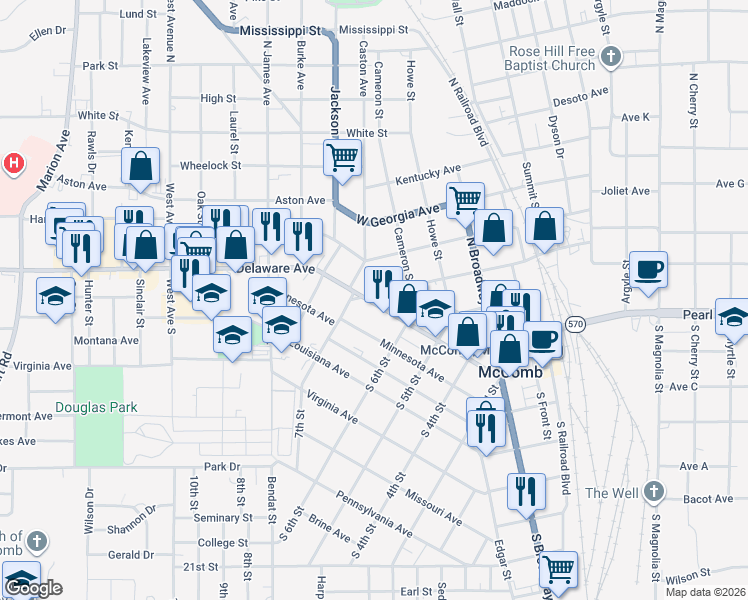 map of restaurants, bars, coffee shops, grocery stores, and more near 638 Delaware Avenue in McComb