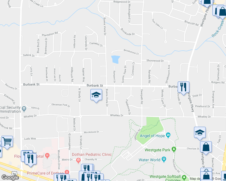 map of restaurants, bars, coffee shops, grocery stores, and more near 1101 Rampart Dr in Dothan