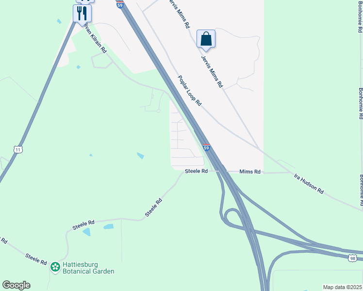 map of restaurants, bars, coffee shops, grocery stores, and more near 37 Sullivan Kilrain Road in Hattiesburg