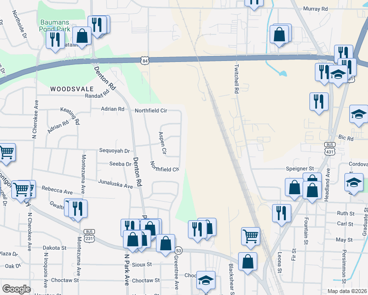 map of restaurants, bars, coffee shops, grocery stores, and more near 1104 Northfield Circle in Dothan
