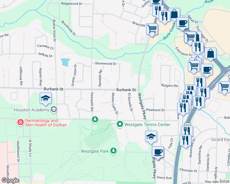map of restaurants, bars, coffee shops, grocery stores, and more near 1206 Monte Carlo Drive in Dothan