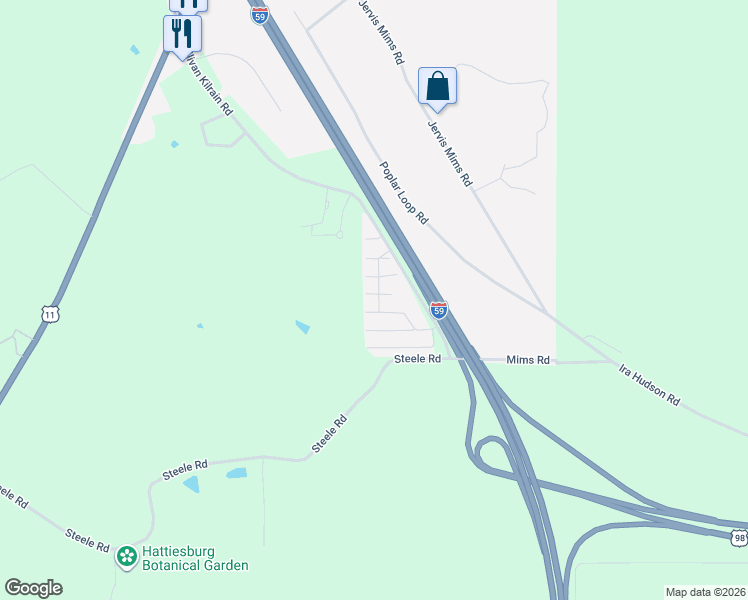 map of restaurants, bars, coffee shops, grocery stores, and more near 63 Sullivan Kilrain Road in Hattiesburg