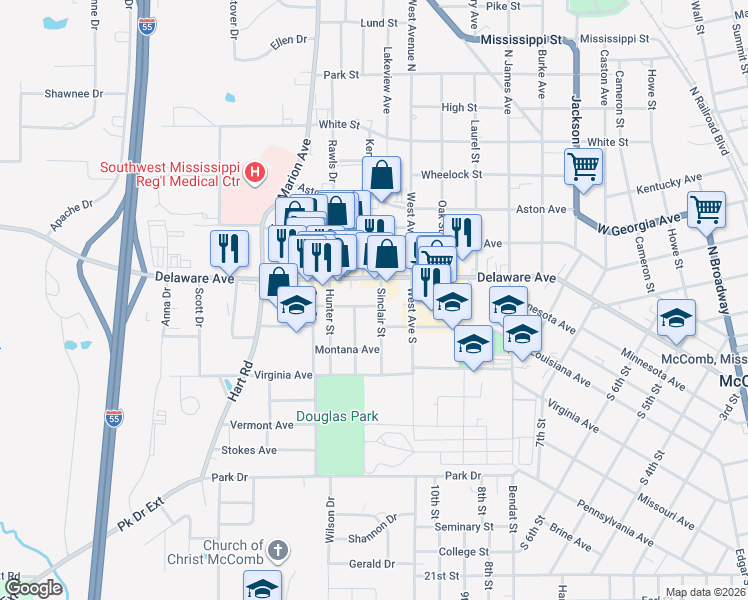 map of restaurants, bars, coffee shops, grocery stores, and more near 100202 Sinclair Street in McComb