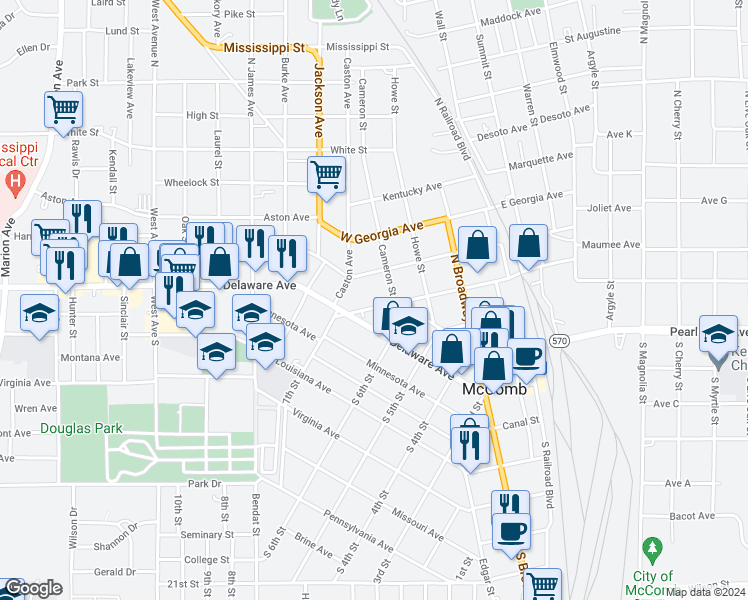 map of restaurants, bars, coffee shops, grocery stores, and more near 520 West Michigan Avenue in McComb