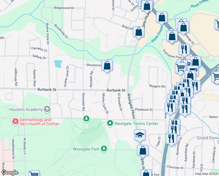 map of restaurants, bars, coffee shops, grocery stores, and more near 1206 Monte Carlo Drive in Dothan