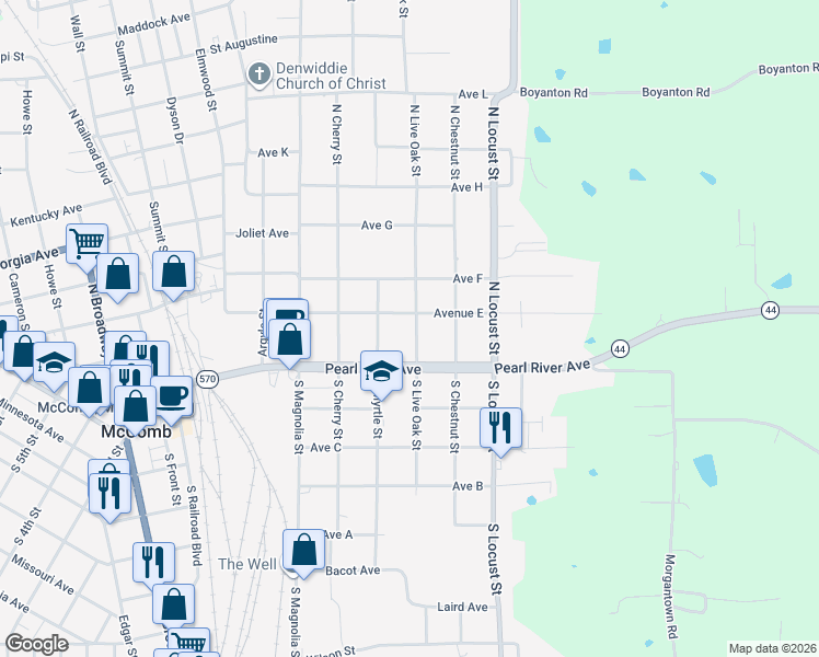 map of restaurants, bars, coffee shops, grocery stores, and more near 109 North Live Oak Street in McComb