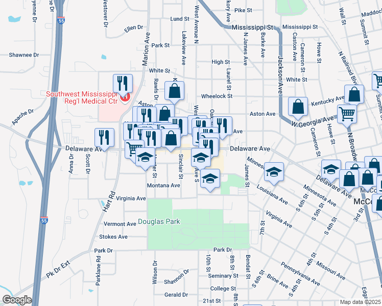 map of restaurants, bars, coffee shops, grocery stores, and more near 1302 Delaware Avenue in McComb