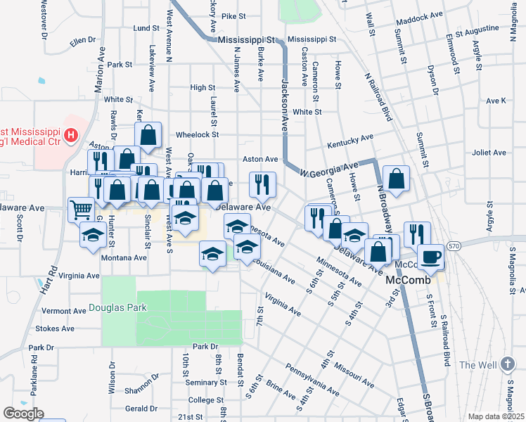 map of restaurants, bars, coffee shops, grocery stores, and more near 110 Burke Ave in McComb