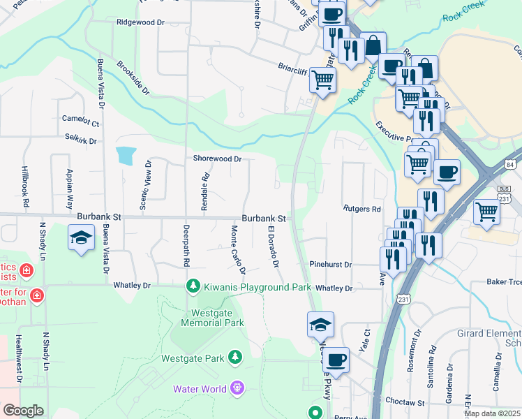 map of restaurants, bars, coffee shops, grocery stores, and more near 108 Hunters Glen Road in Dothan