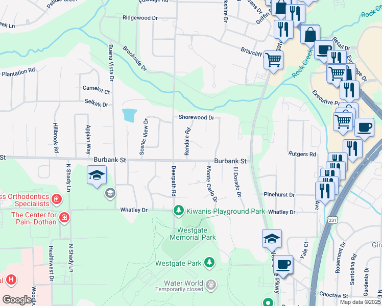 map of restaurants, bars, coffee shops, grocery stores, and more near 1102 Rendale Road in Dothan
