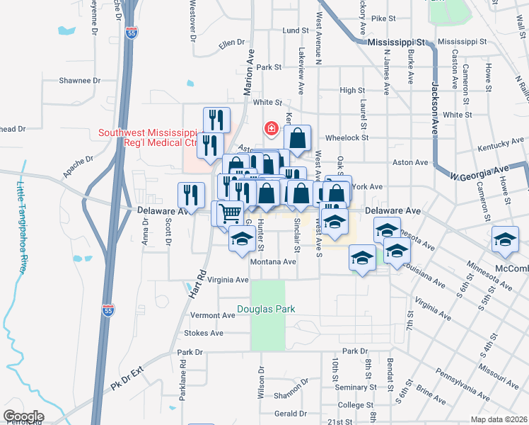 map of restaurants, bars, coffee shops, grocery stores, and more near 1438-1448 Delaware Avenue in McComb