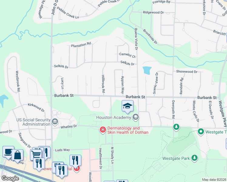 map of restaurants, bars, coffee shops, grocery stores, and more near 1142 Appian Way in Dothan
