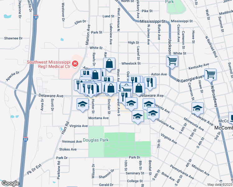 map of restaurants, bars, coffee shops, grocery stores, and more near 1302 Delaware Avenue in McComb