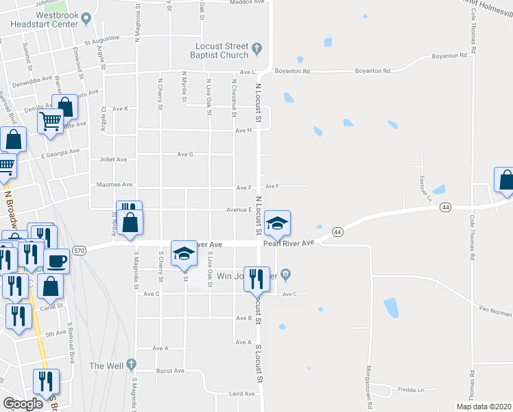 map of restaurants, bars, coffee shops, grocery stores, and more near 1029 Avenue East in McComb