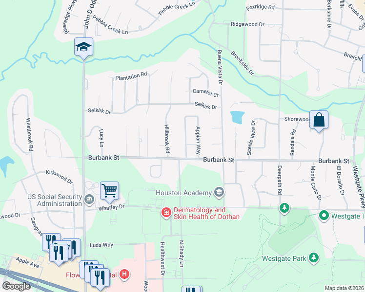 map of restaurants, bars, coffee shops, grocery stores, and more near 1142 Appian Way in Dothan