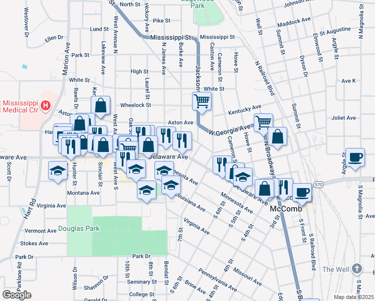 map of restaurants, bars, coffee shops, grocery stores, and more near 110 Burke Avenue in McComb