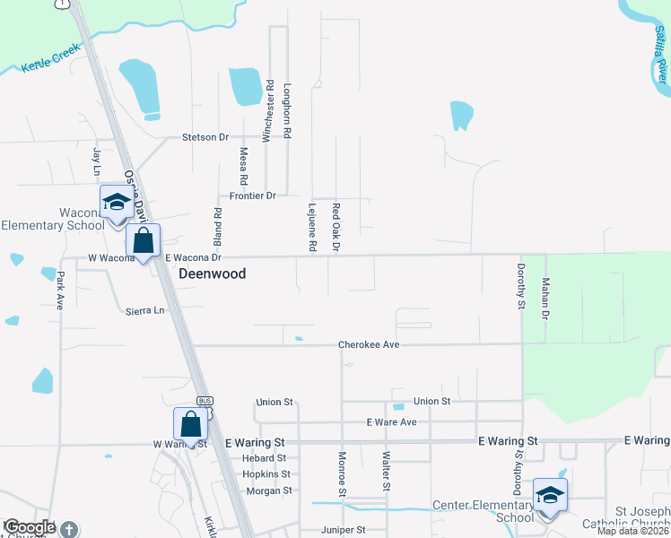 map of restaurants, bars, coffee shops, grocery stores, and more near 2308 Walnut Lane in Waycross