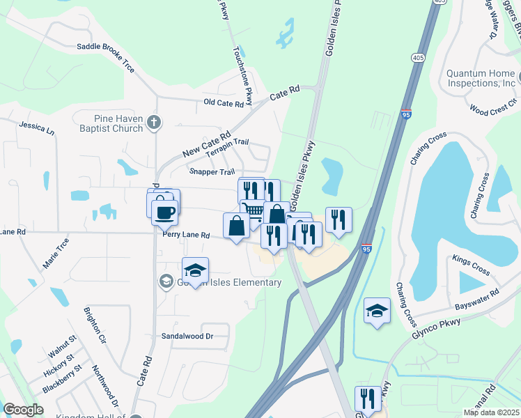 map of restaurants, bars, coffee shops, grocery stores, and more near 341 Venture Drive in Brunswick