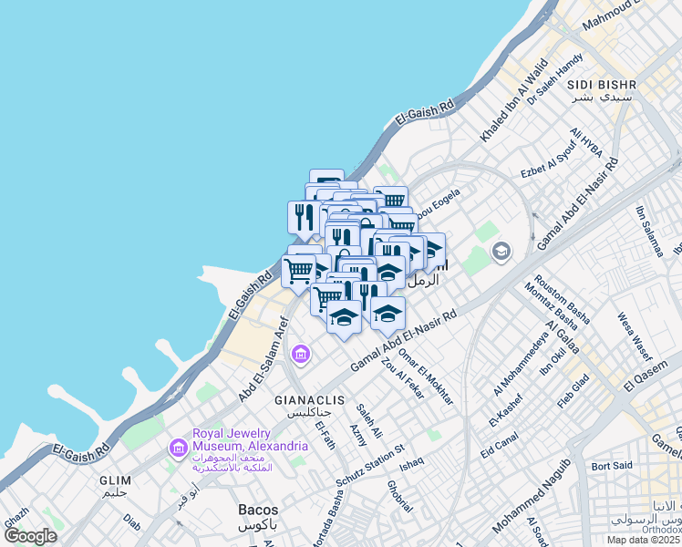 map of restaurants, bars, coffee shops, grocery stores, and more near in قسم أول الرمل